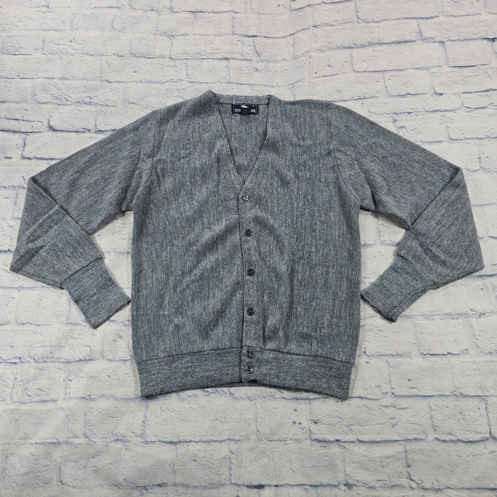 Steeplechase Cardigan MENS M Grey Orlon Acrylic Knit V-Neck Button USA Made 80s
